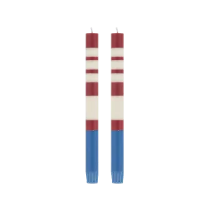 Pair of Guardsman Red, Royal Blue & Pearl White Striped Dinner Candles 25cm
