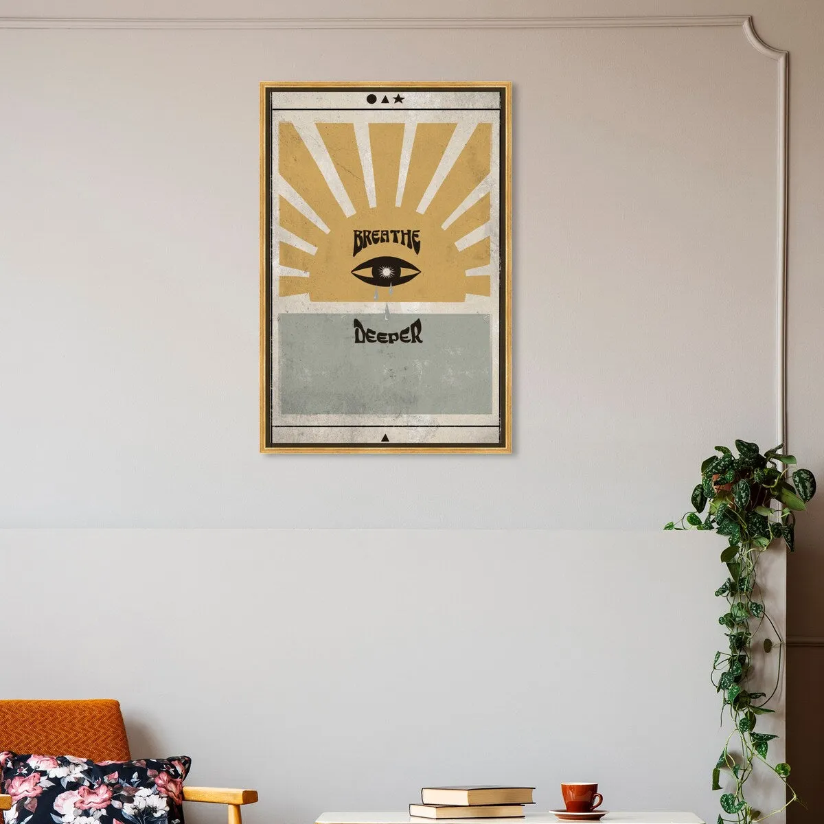 "Breathe Deeper", Breathe Evil Eye Inspiration Blue Framed Canvas Wall Art Print for Bedroom