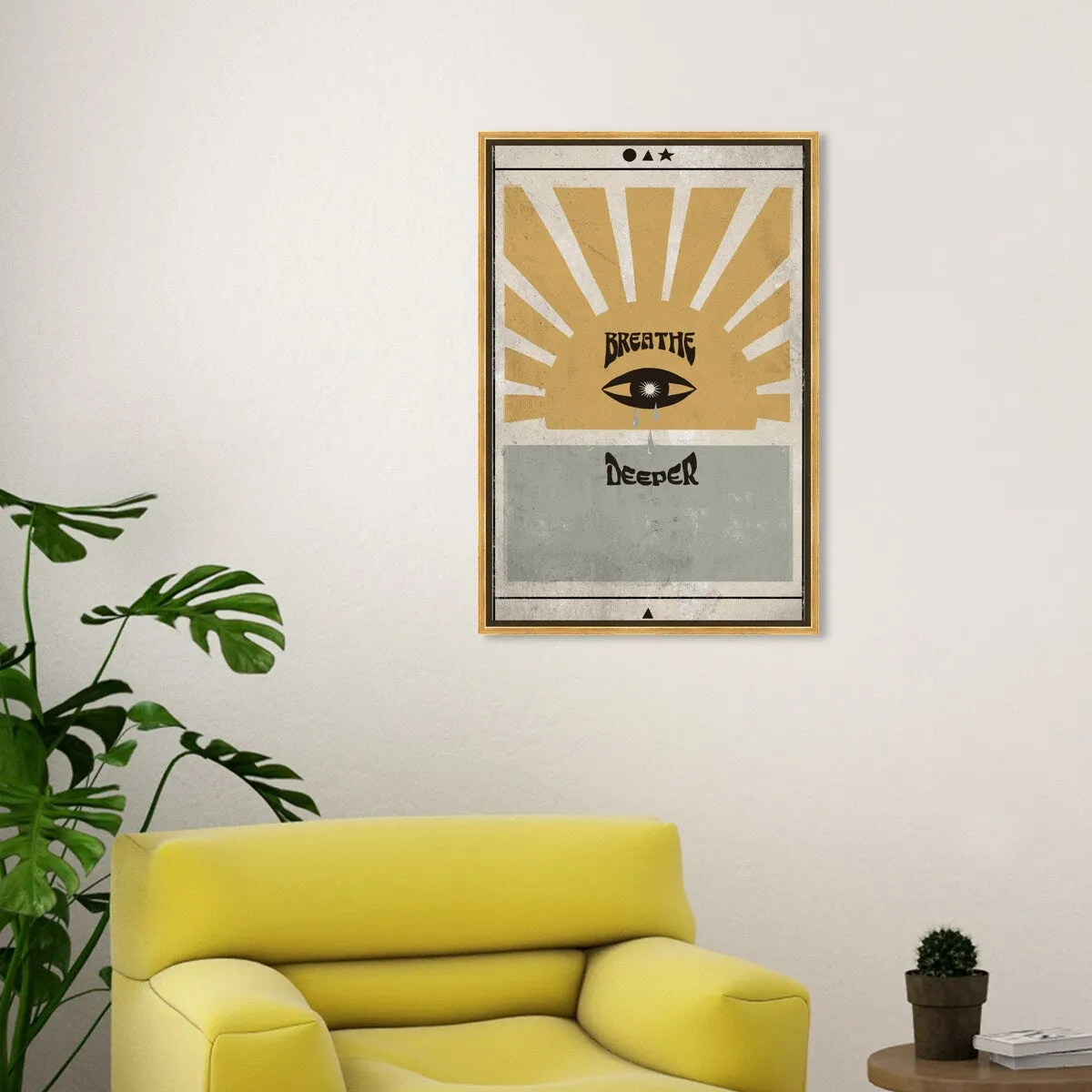 "Breathe Deeper", Breathe Evil Eye Inspiration Blue Framed Canvas Wall Art Print for Bedroom
