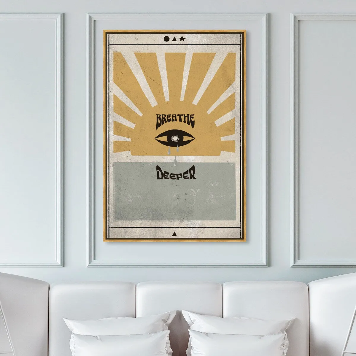 "Breathe Deeper", Breathe Evil Eye Inspiration Blue Framed Canvas Wall Art Print for Bedroom