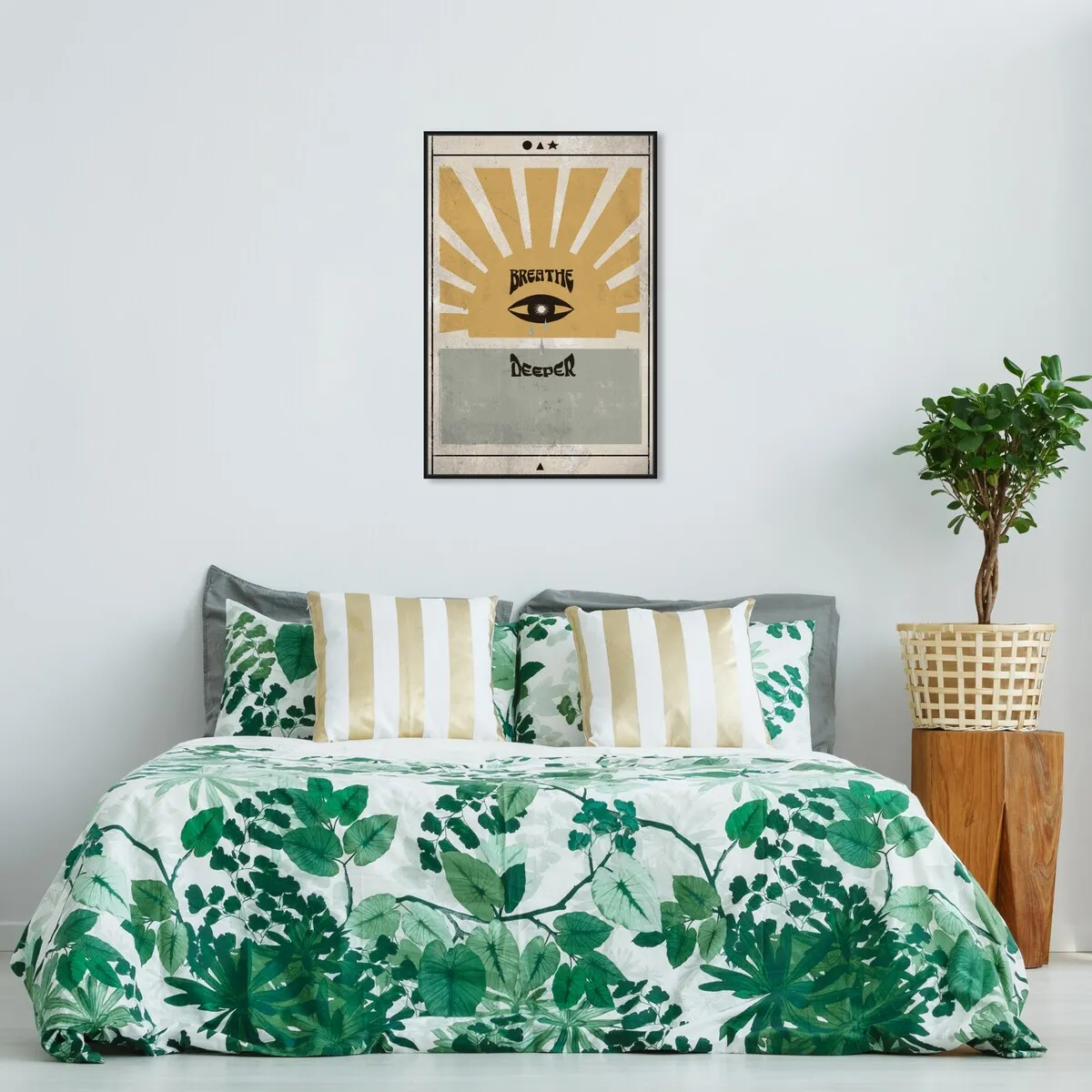 "Breathe Deeper", Breathe Evil Eye Inspiration Blue Framed Canvas Wall Art Print for Bedroom