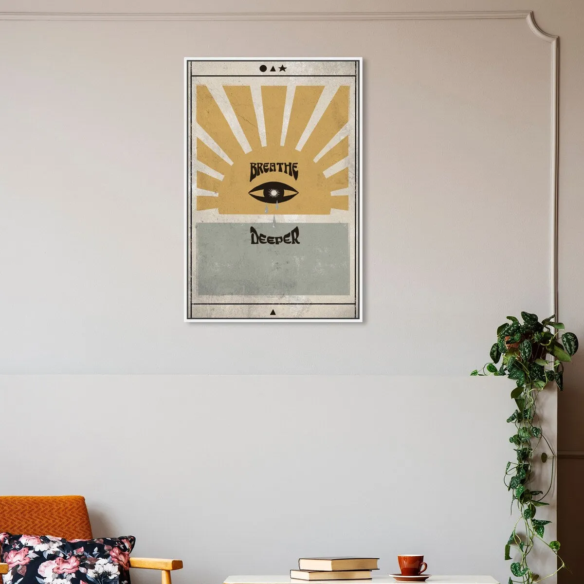 "Breathe Deeper", Breathe Evil Eye Inspiration Blue Framed Canvas Wall Art Print for Bedroom