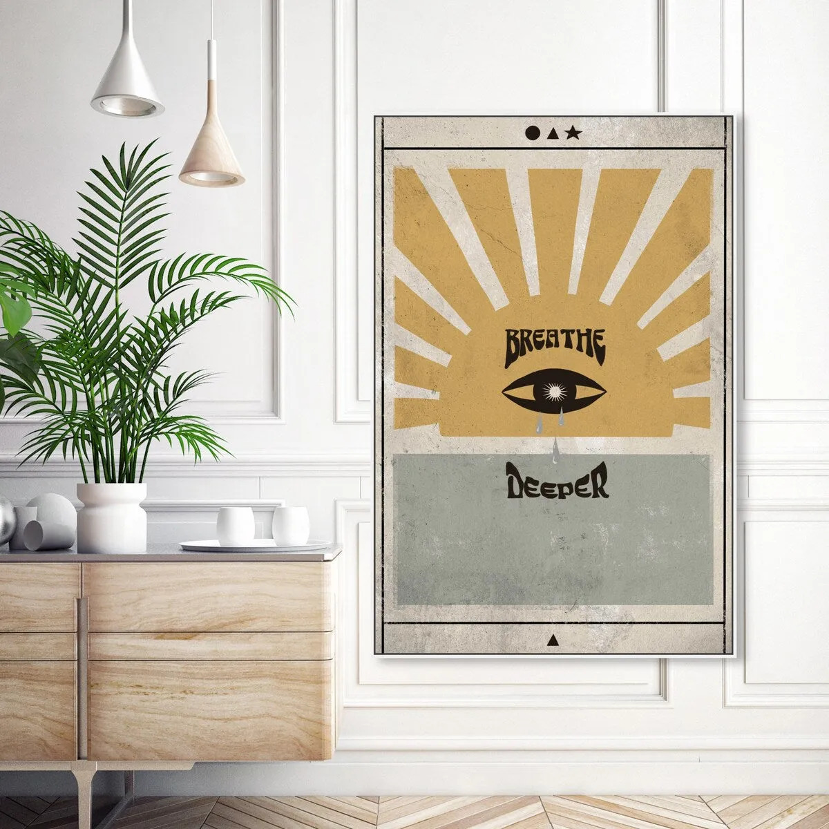 "Breathe Deeper", Breathe Evil Eye Inspiration Blue Framed Canvas Wall Art Print for Bedroom