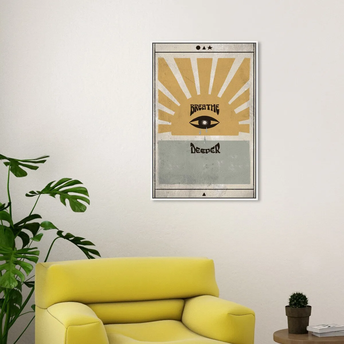 "Breathe Deeper", Breathe Evil Eye Inspiration Blue Framed Canvas Wall Art Print for Bedroom