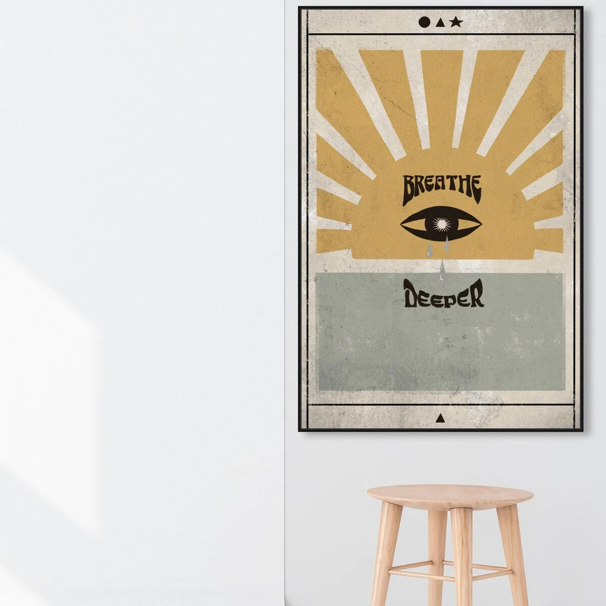 "Breathe Deeper", Breathe Evil Eye Inspiration Blue Framed Canvas Wall Art Print for Bedroom
