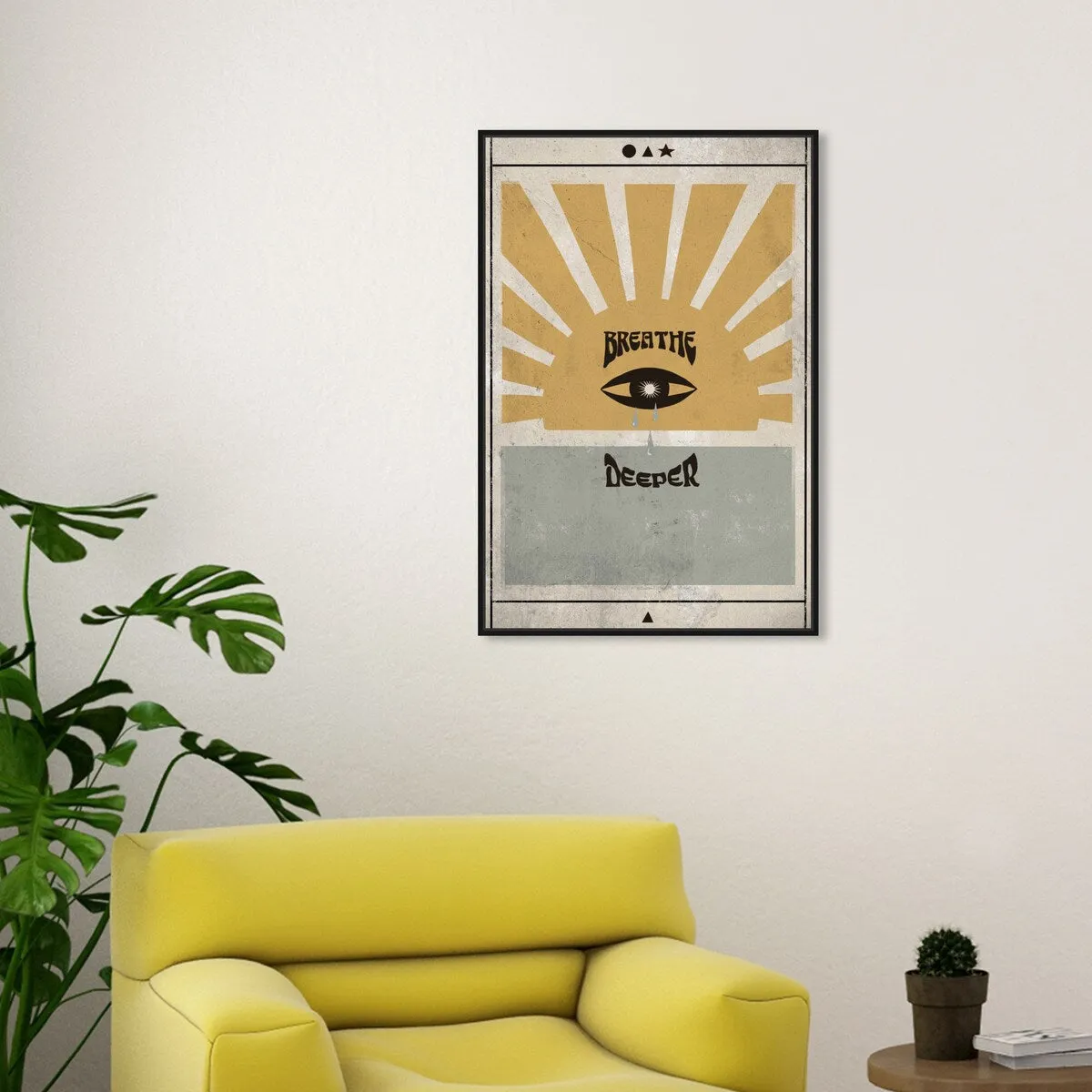 "Breathe Deeper", Breathe Evil Eye Inspiration Blue Framed Canvas Wall Art Print for Bedroom