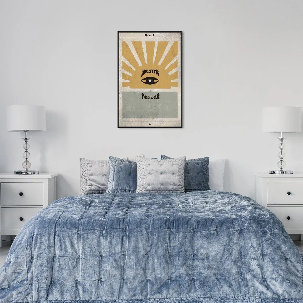 "Breathe Deeper", Breathe Evil Eye Inspiration Blue Framed Canvas Wall Art Print for Bedroom