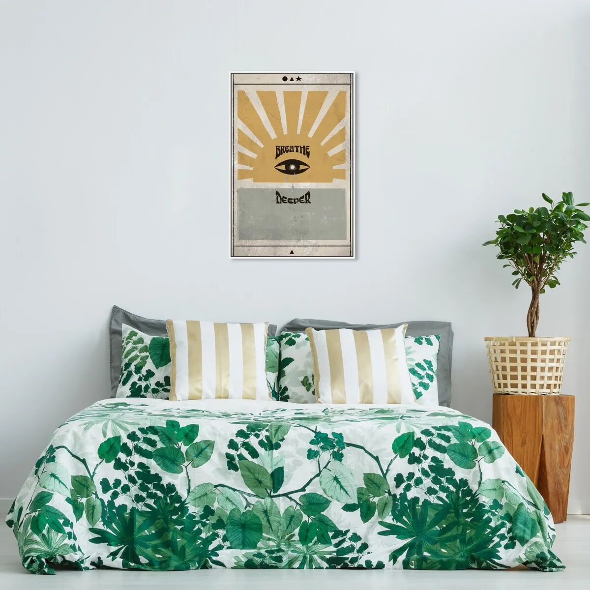 "Breathe Deeper", Breathe Evil Eye Inspiration Blue Framed Canvas Wall Art Print for Bedroom