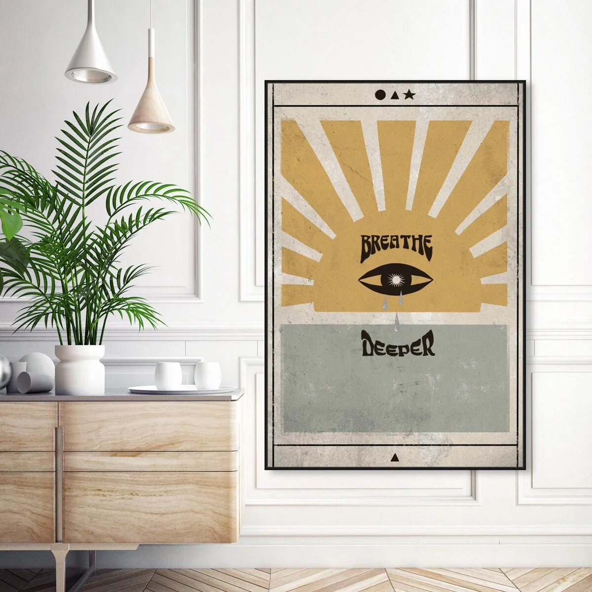 "Breathe Deeper", Breathe Evil Eye Inspiration Blue Framed Canvas Wall Art Print for Bedroom