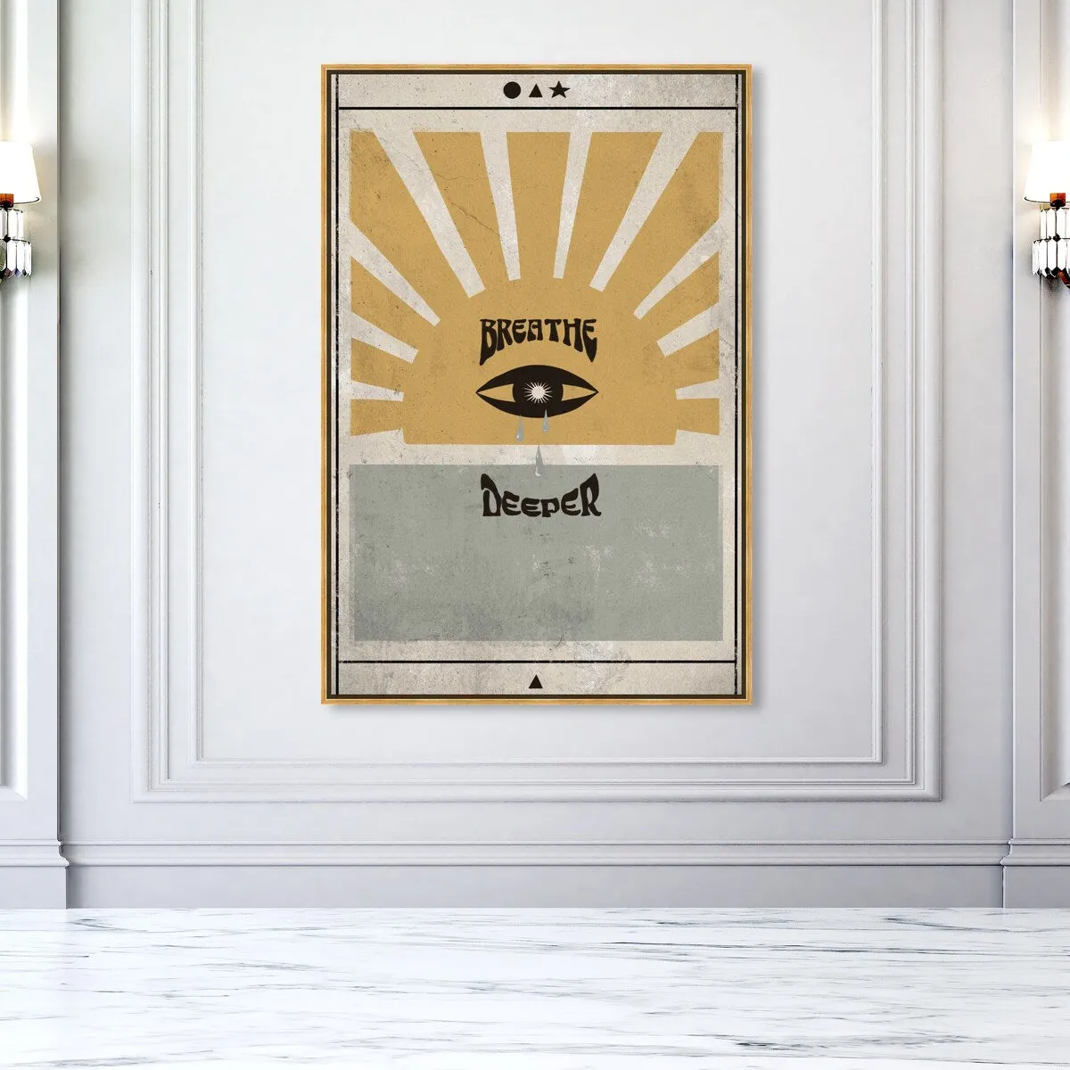 "Breathe Deeper", Breathe Evil Eye Inspiration Blue Framed Canvas Wall Art Print for Bedroom