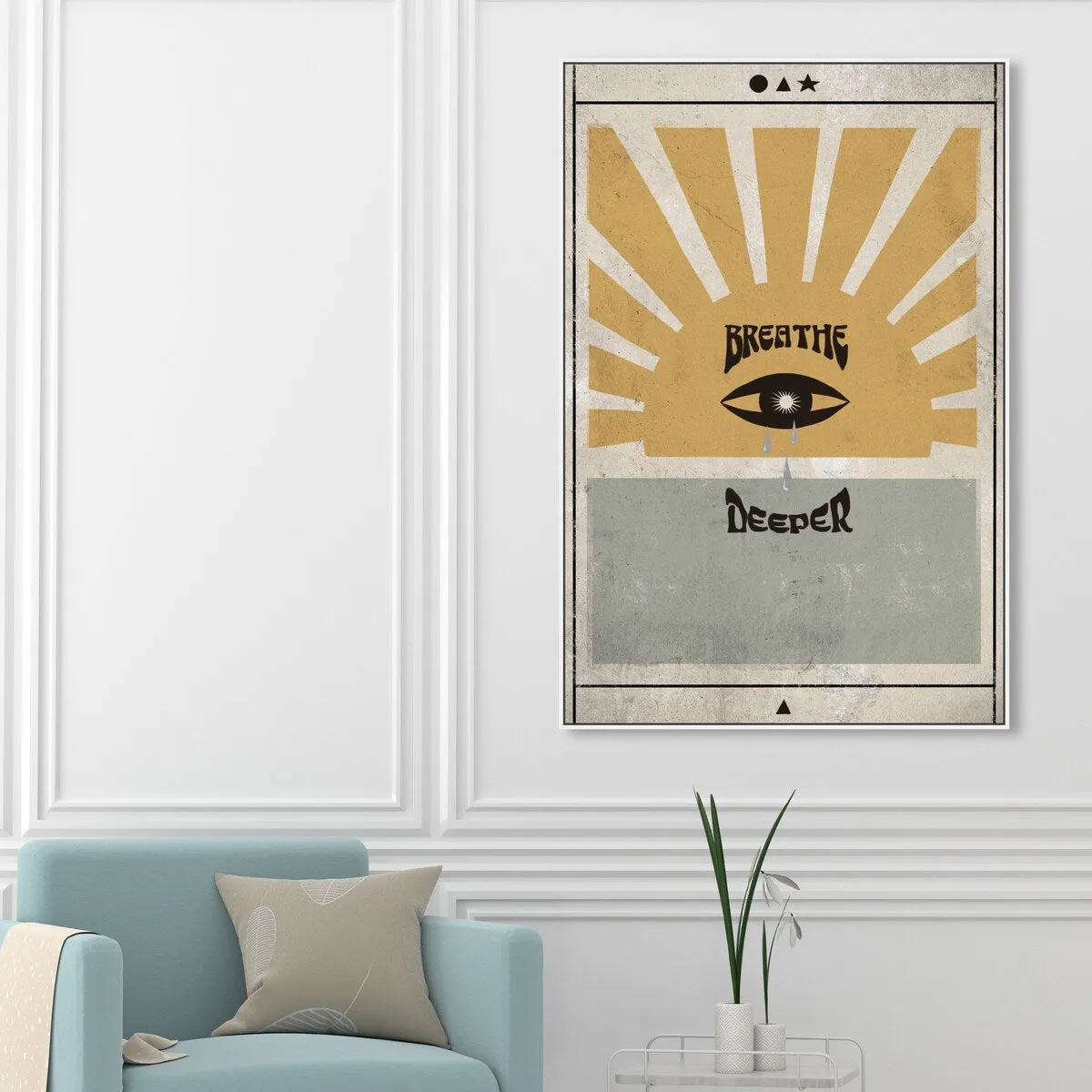 "Breathe Deeper", Breathe Evil Eye Inspiration Blue Framed Canvas Wall Art Print for Bedroom