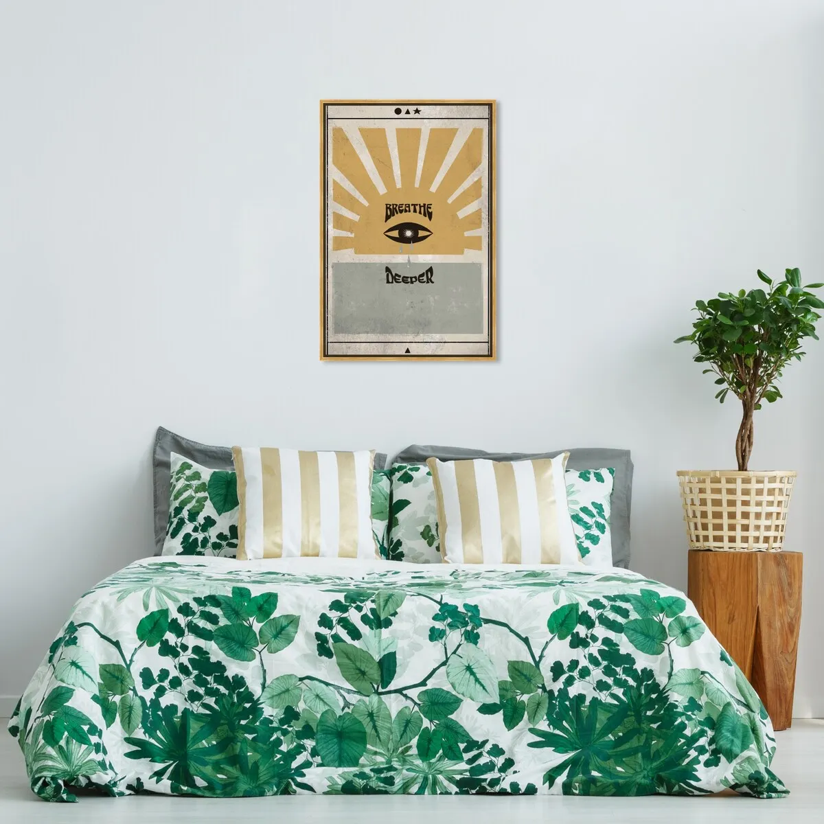 "Breathe Deeper", Breathe Evil Eye Inspiration Blue Framed Canvas Wall Art Print for Bedroom