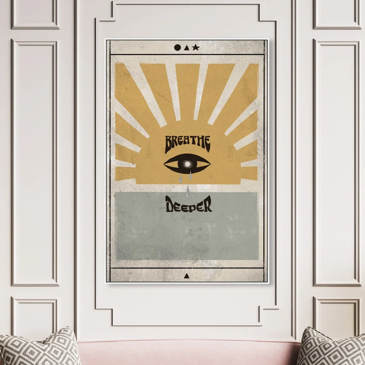 "Breathe Deeper", Breathe Evil Eye Inspiration Blue Framed Canvas Wall Art Print for Bedroom
