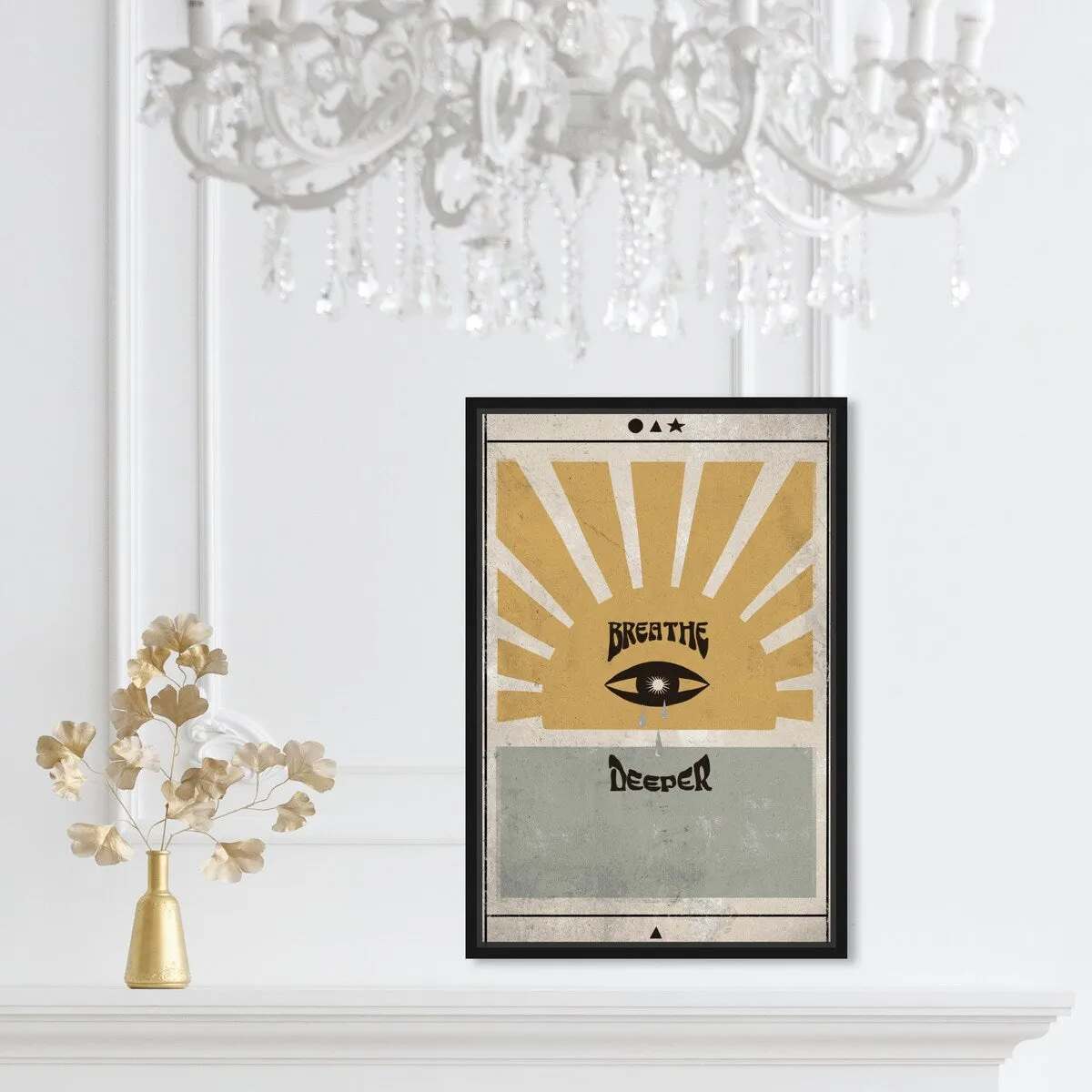 "Breathe Deeper", Breathe Evil Eye Inspiration Blue Framed Canvas Wall Art Print for Bedroom