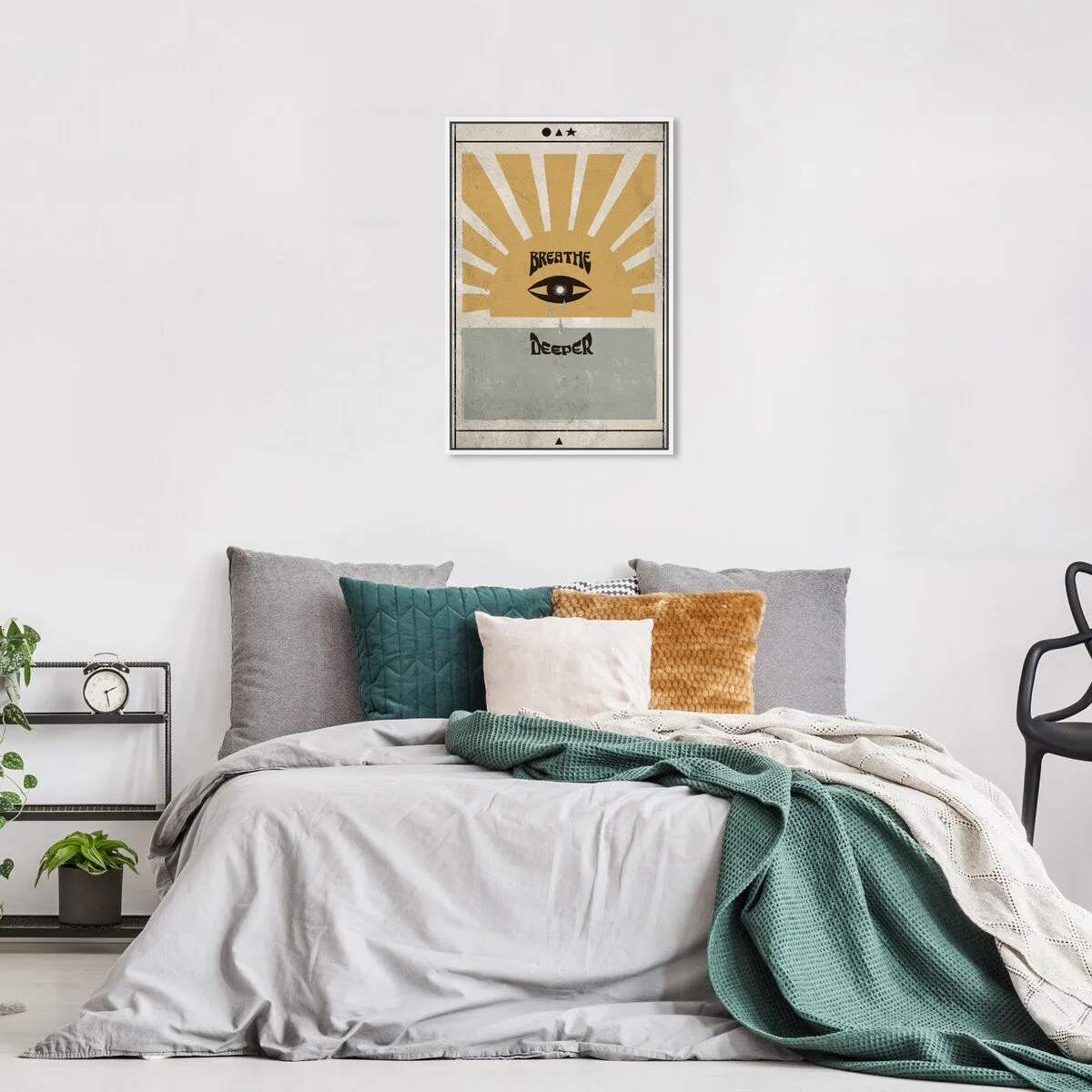 "Breathe Deeper", Breathe Evil Eye Inspiration Blue Framed Canvas Wall Art Print for Bedroom