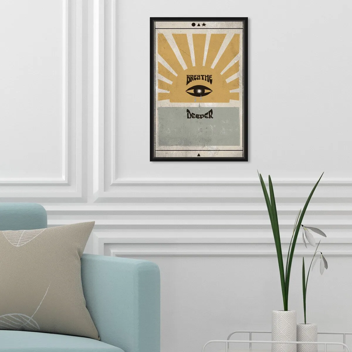 "Breathe Deeper", Breathe Evil Eye Inspiration Blue Framed Canvas Wall Art Print for Bedroom