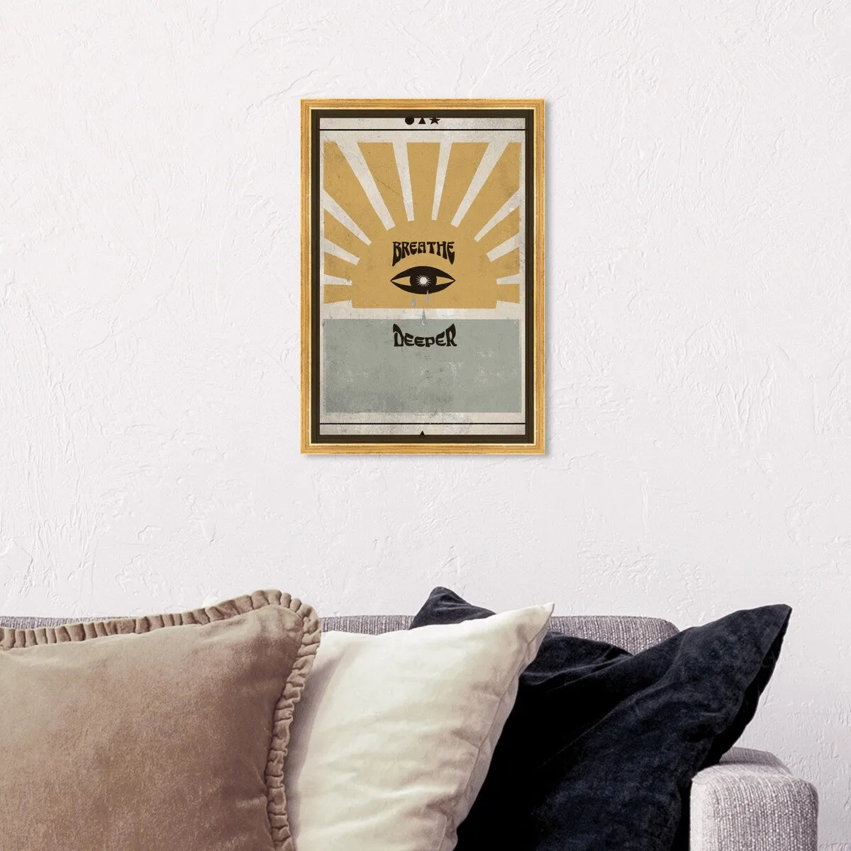 "Breathe Deeper", Breathe Evil Eye Inspiration Blue Framed Canvas Wall Art Print for Bedroom