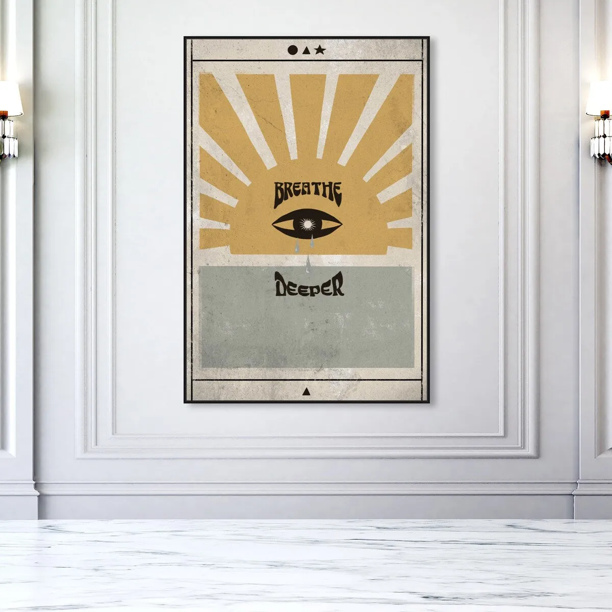 "Breathe Deeper", Breathe Evil Eye Inspiration Blue Framed Canvas Wall Art Print for Bedroom