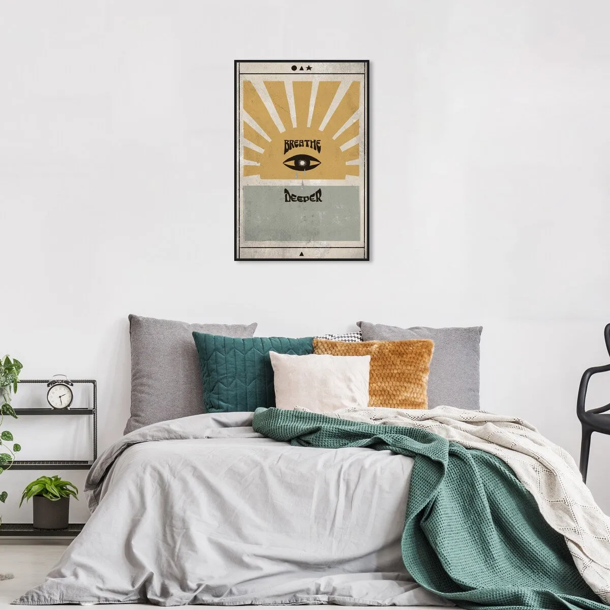 "Breathe Deeper", Breathe Evil Eye Inspiration Blue Framed Canvas Wall Art Print for Bedroom