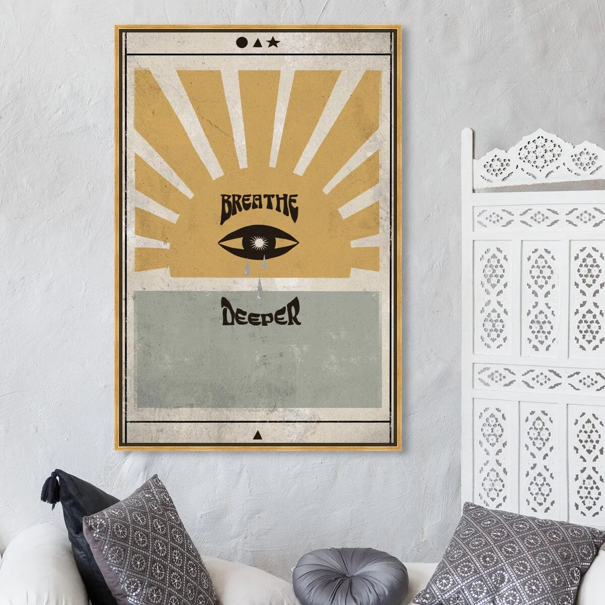 "Breathe Deeper", Breathe Evil Eye Inspiration Blue Framed Canvas Wall Art Print for Bedroom