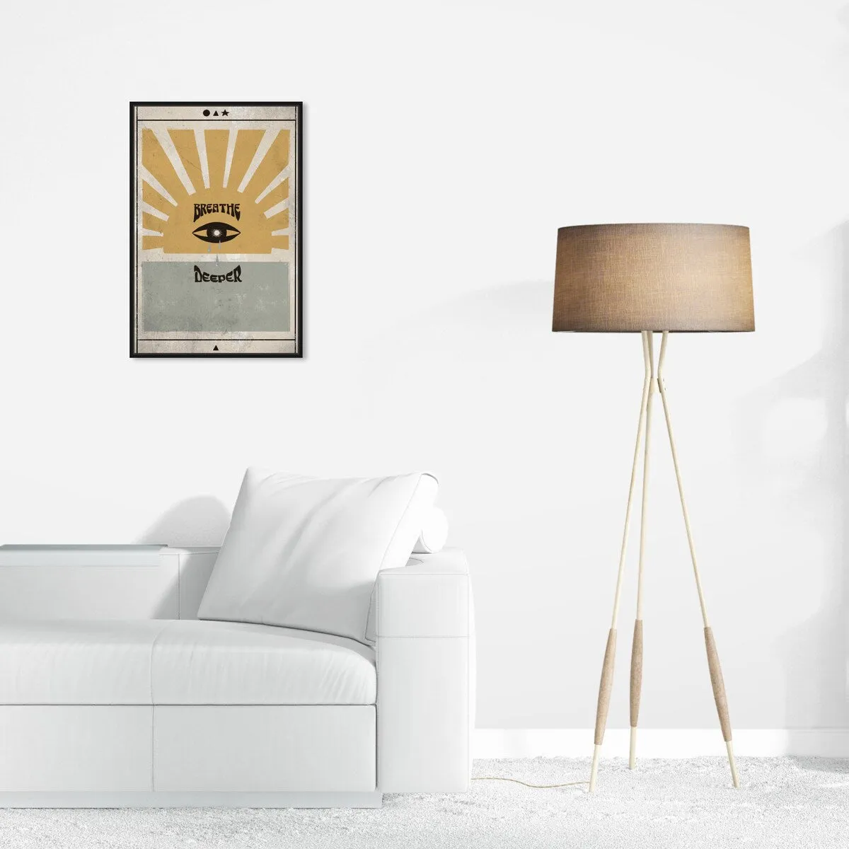 "Breathe Deeper", Breathe Evil Eye Inspiration Blue Framed Canvas Wall Art Print for Bedroom