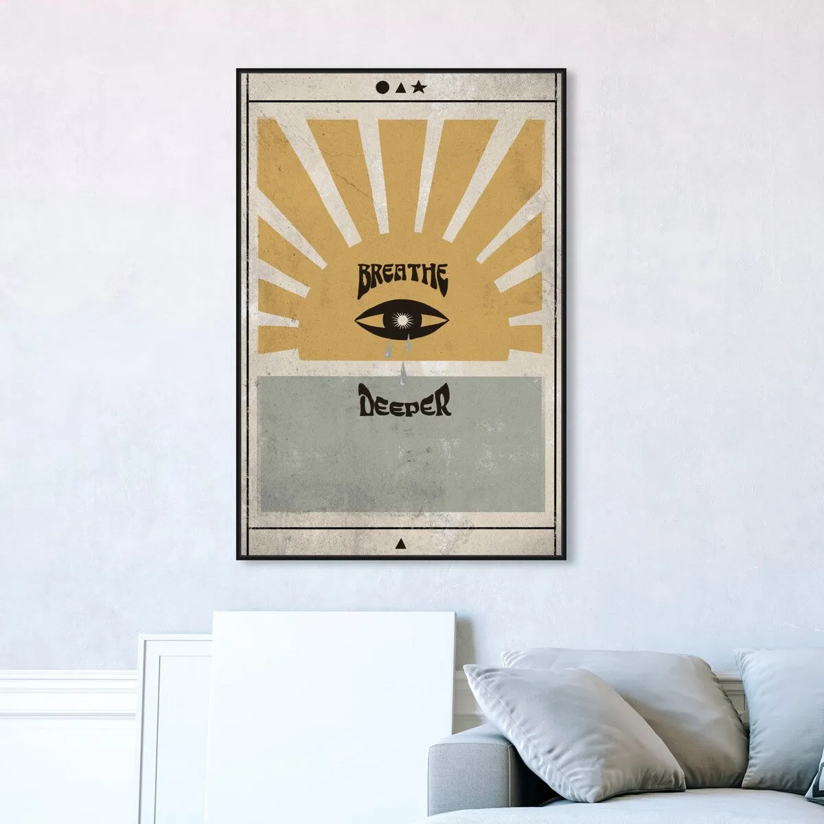 "Breathe Deeper", Breathe Evil Eye Inspiration Blue Framed Canvas Wall Art Print for Bedroom