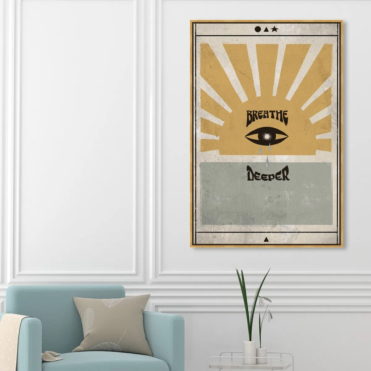 "Breathe Deeper", Breathe Evil Eye Inspiration Blue Framed Canvas Wall Art Print for Bedroom