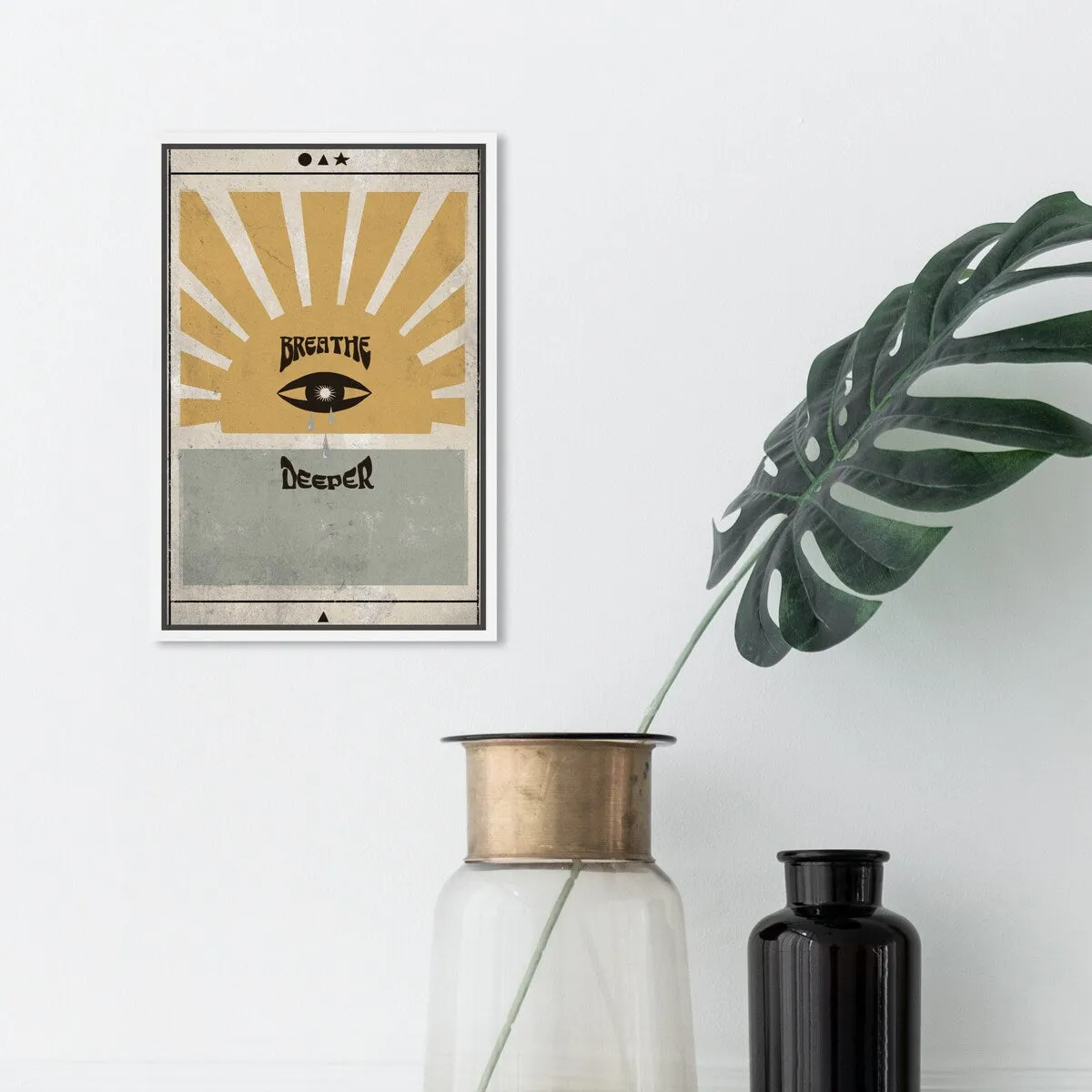 "Breathe Deeper", Breathe Evil Eye Inspiration Blue Framed Canvas Wall Art Print for Bedroom