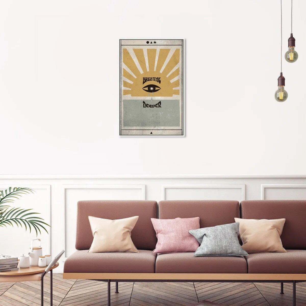 "Breathe Deeper", Breathe Evil Eye Inspiration Blue Framed Canvas Wall Art Print for Bedroom