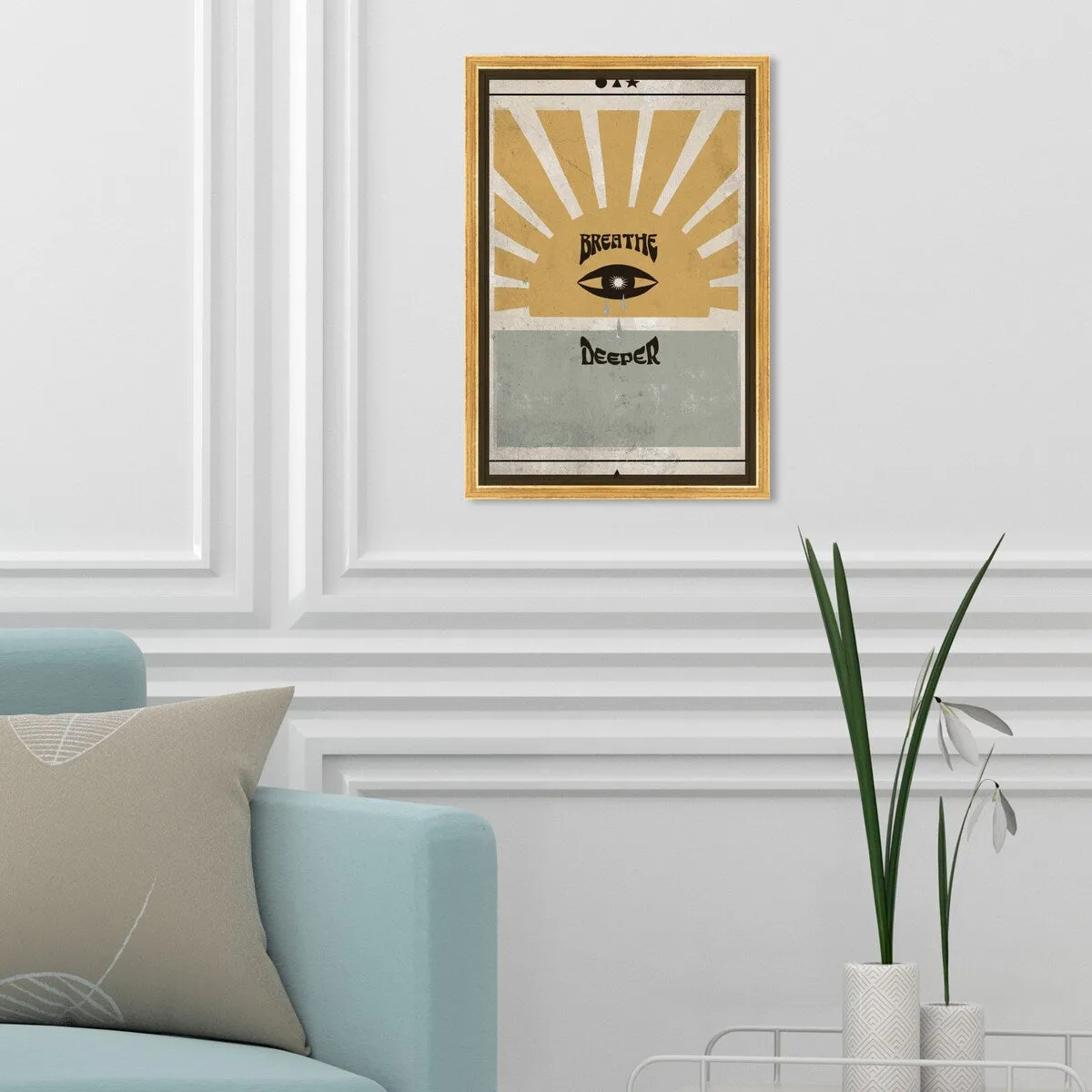 "Breathe Deeper", Breathe Evil Eye Inspiration Blue Framed Canvas Wall Art Print for Bedroom
