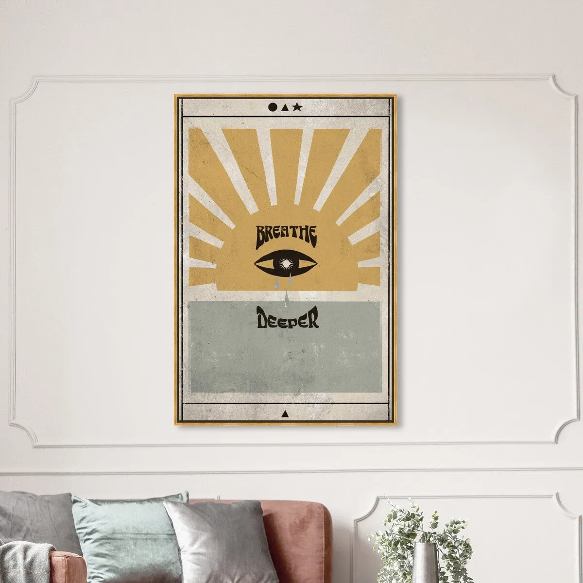 "Breathe Deeper", Breathe Evil Eye Inspiration Blue Framed Canvas Wall Art Print for Bedroom