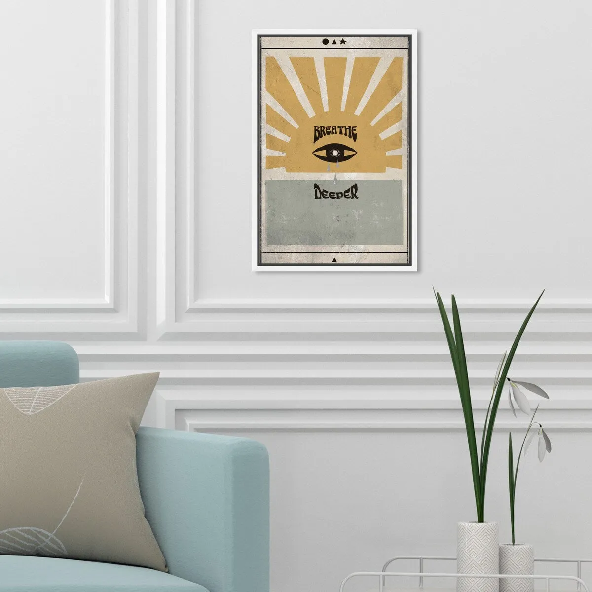 "Breathe Deeper", Breathe Evil Eye Inspiration Blue Framed Canvas Wall Art Print for Bedroom