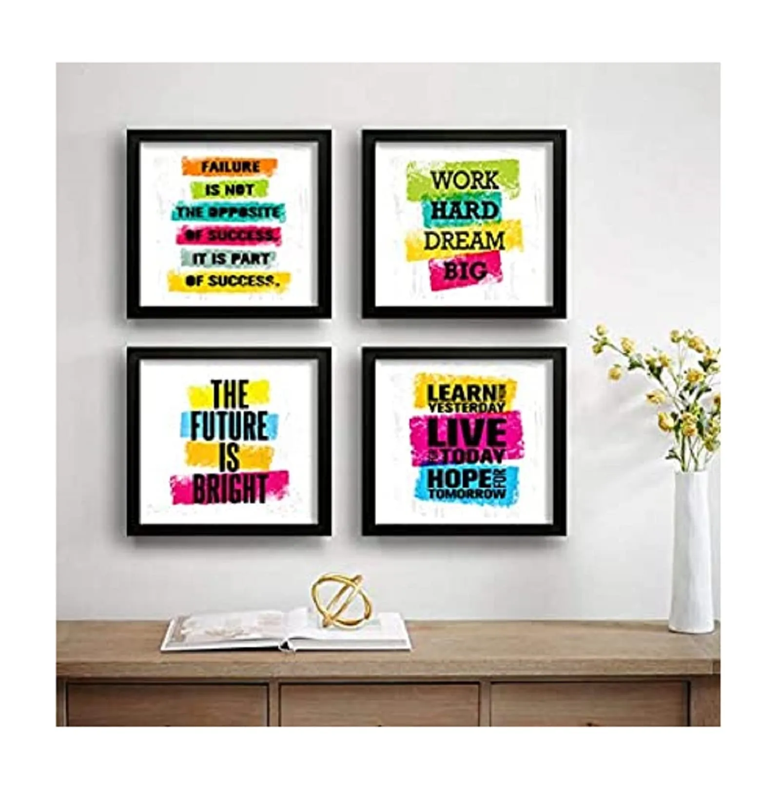 SAF Set of 4 Work Hard Dream Big Motivational UV Coated Home Decorative Gift Item & Engineered Wood Flowers Framed Painting, Multicolour, UV Textured, 10 Inch X 10 Inch SANFQT31427