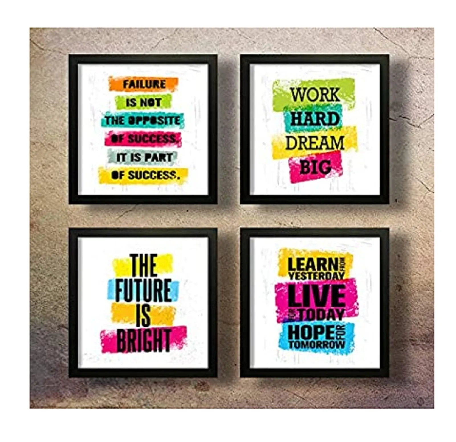 SAF Set of 4 Work Hard Dream Big Motivational UV Coated Home Decorative Gift Item & Engineered Wood Flowers Framed Painting, Multicolour, UV Textured, 10 Inch X 10 Inch SANFQT31427