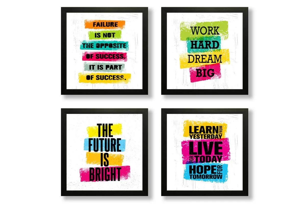 SAF Set of 4 Work Hard Dream Big Motivational UV Coated Home Decorative Gift Item & Engineered Wood Flowers Framed Painting, Multicolour, UV Textured, 10 Inch X 10 Inch SANFQT31427