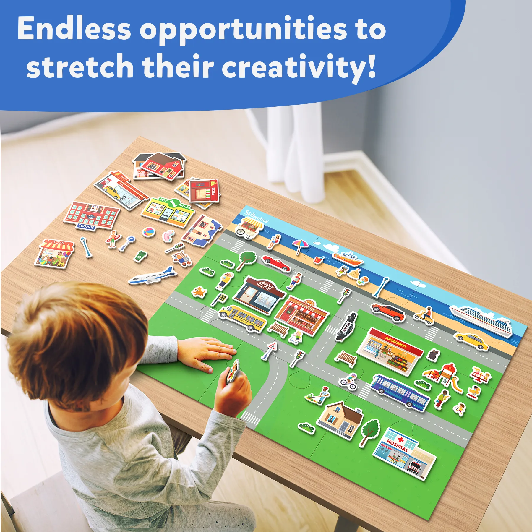 Skillmatics Creative Toy Magnetopia - Design Your City, Interactive Pretend Play Set For Kids, Toddlers, 60  Magnetic Pieces, Preschool Learning Game, Gifts for Boys & Girls Ages 3, 4, 5, 6, 7