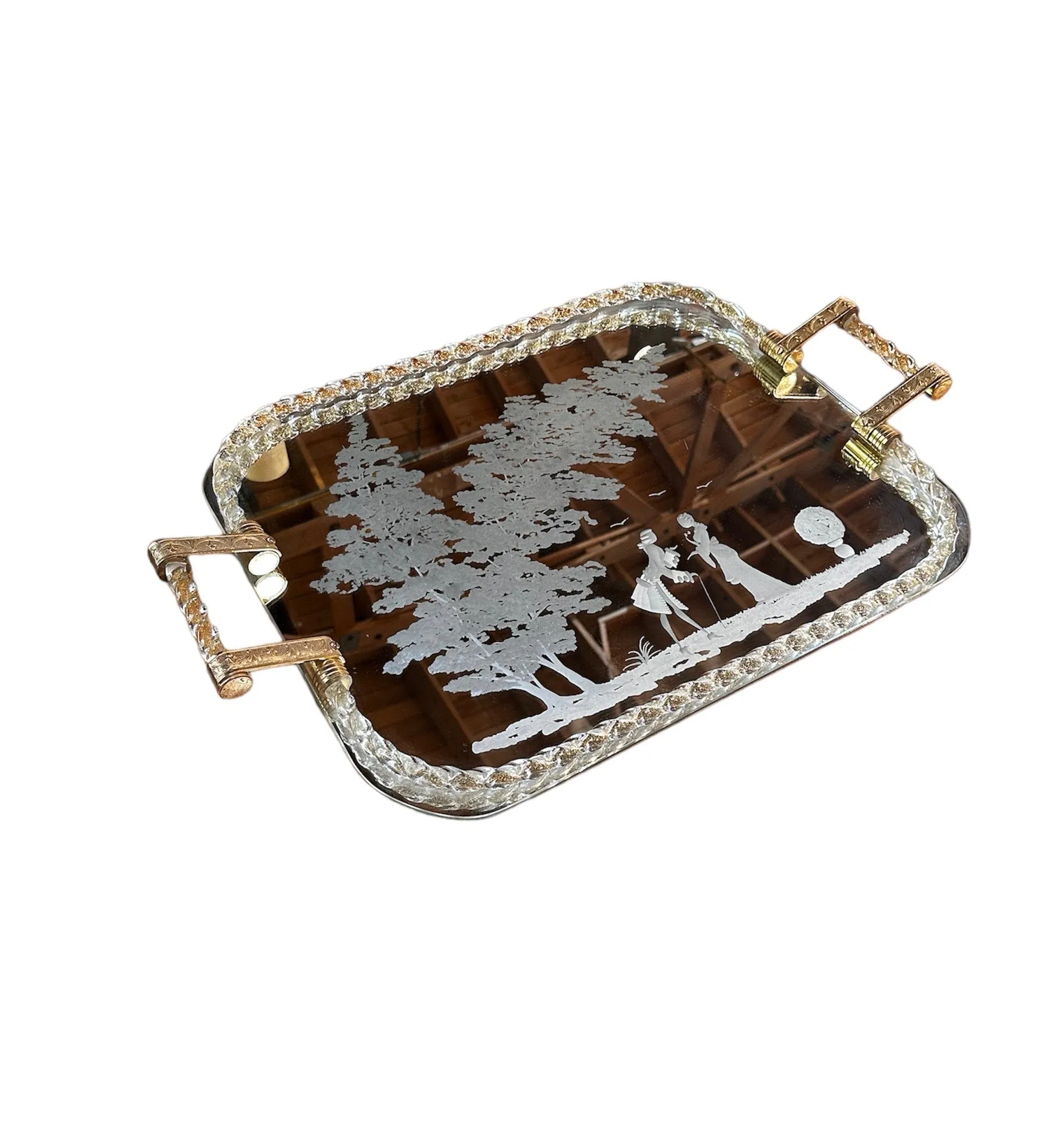 Vintage Italian Oversize Tray in  Murano and Brass 1960s
