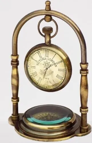 World Collection Desk Table Clock with Maritime Vintage Brass Compass Antique Victoria Lond