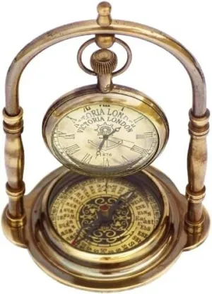 World Collection Desk Table Clock with Maritime Vintage Brass Compass Antique Victoria Lond