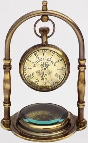 World Collection Desk Table Clock with Maritime Vintage Brass Compass Antique Victoria Lond